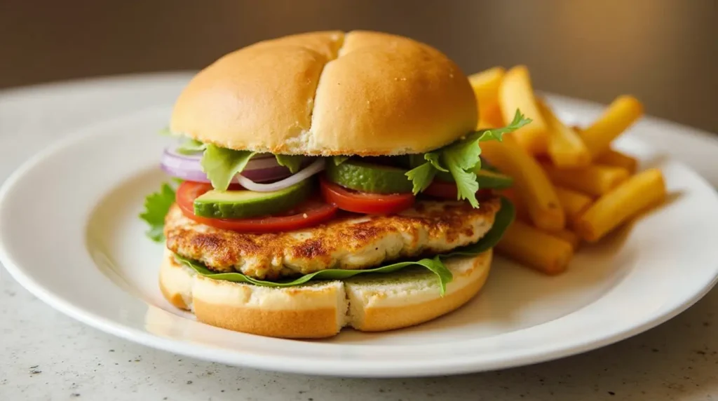 Grilled chicken sandwich with melted cheese, lettuce, tomato, and toasted brioche bun