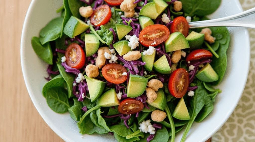 Colorful Veggie Delight Salad with avocado, chickpeas, spinach, and lemon dressing