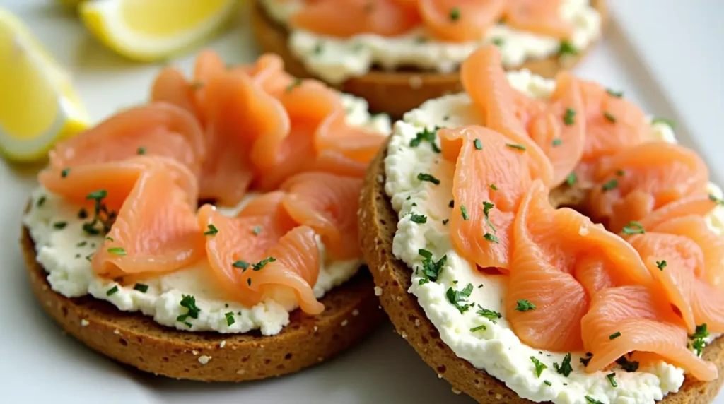 Toasted bagel topped with smoked salmon, cream cheese, and capers served with fresh dill and lemon wedges
