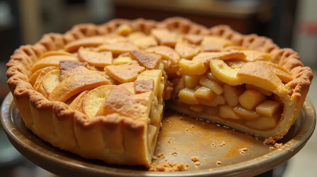 Golden-brown traditional pie filled with apples, cinnamon, and sugar on a cooling rack