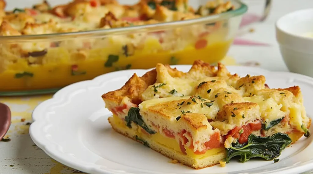 Delicious breakfast strata layered with eggs, bread, and colorful vegetables, freshly baked and ready to serve.