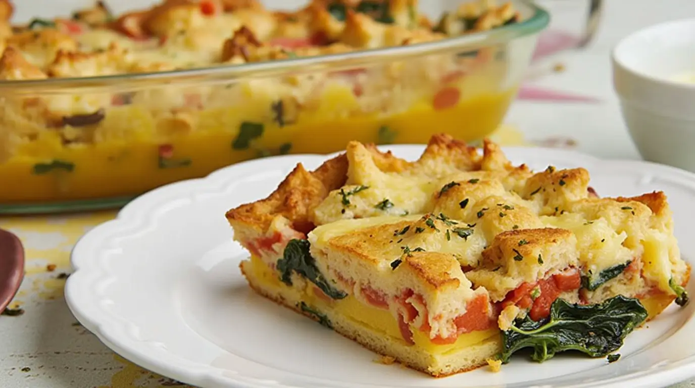 Delicious breakfast strata layered with eggs, bread, and colorful vegetables, freshly baked and ready to serve.