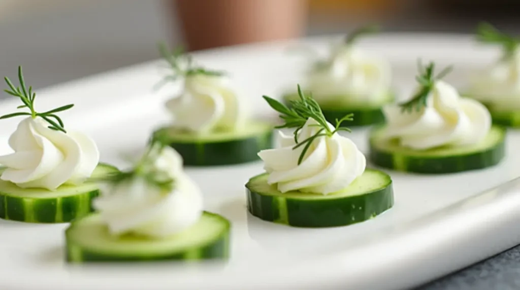 Thinly sliced cucumber topped with cream cheese and dill