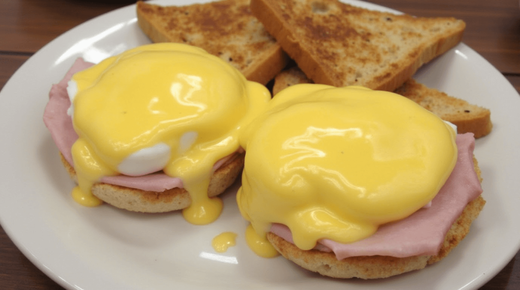 A plate of classic Eggs Benedict with poached eggs, ham, and creamy hollandaise sauce on toasted English muffins