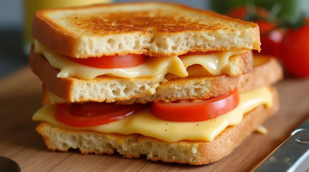Enjoy the perfect grilled cheese and tomato sandwich with melty cheese, fresh tomatoes, and golden crispy bread — a timeless comfort food favorite