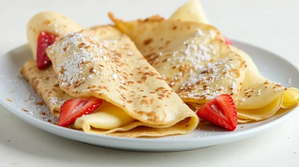 A stack of golden dessert crepes filled with fresh fruit and drizzled with chocolate sauce, served on a white plate.