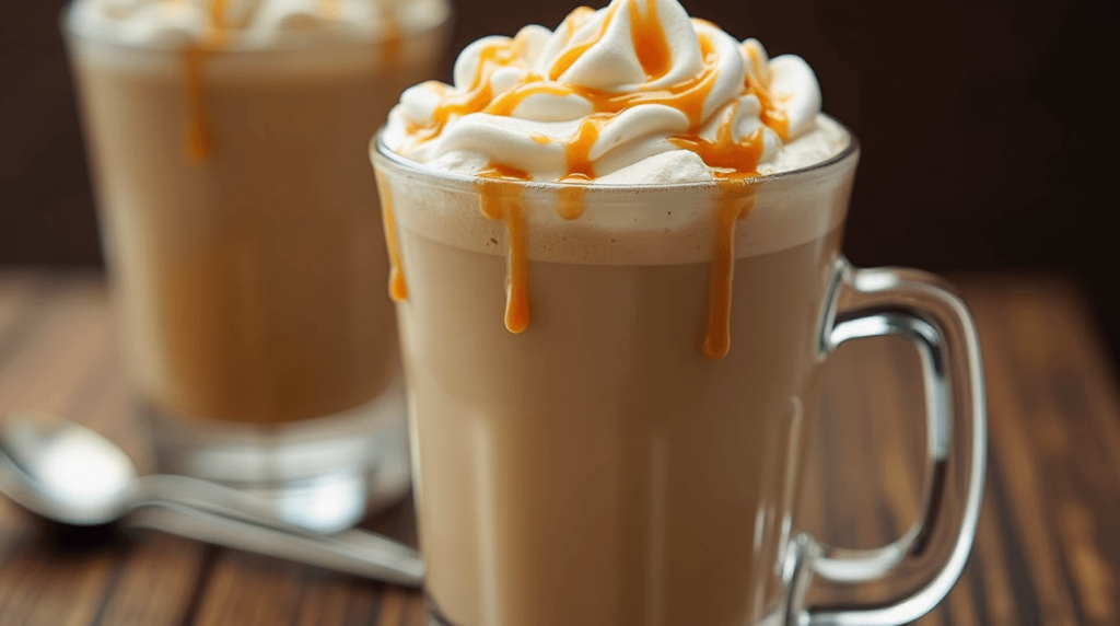 Freshly brewed espresso being poured into steamed vanilla milk for a caramel macchiato