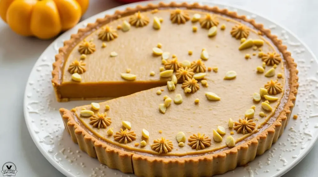 Freshly baked pumpkin spice tart with creamy filling and golden, flaky crust, topped with whipped cream — perfect for fall gatherings.