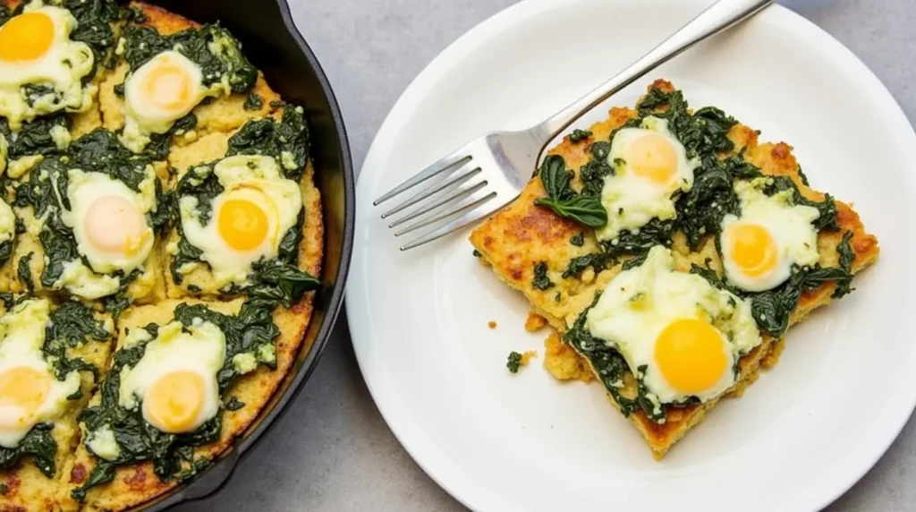 Freshly baked spinach and feta egg bake, a Mediterranean-inspired fluffy egg dish with spinach and tangy feta cheese.