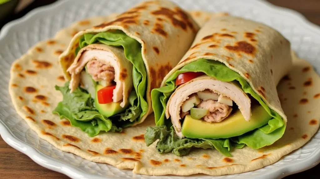 Turkey and avocado wrap with sliced turkey breast, lettuce, tomato, and avocado in a whole wheat tortilla