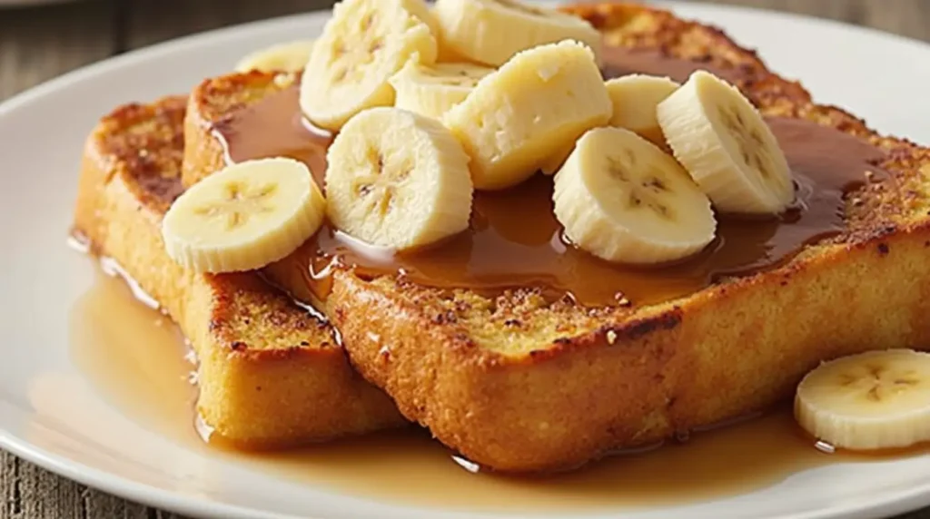 Thick slices of bread dipped in egg batter and topped with Bananas Foster French Toast